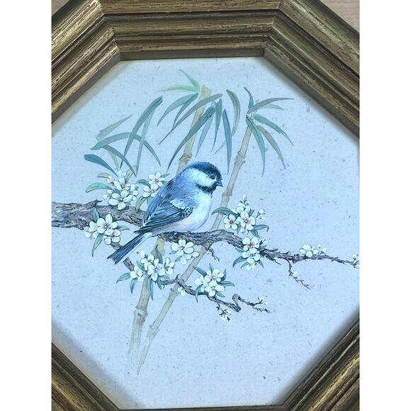 2‎ Vintage Octogon Chickadee Prints Forest Fruit & Flowers Framed - Picture 2 of 6